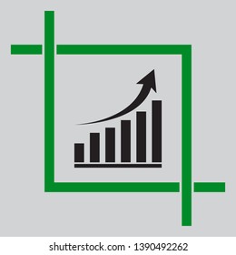 Growing graph sign. Black icon inside green crop tool at light gray background