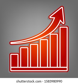 Growing graph sign. Flat red icon with linear white icon with gray shadow at grayish background. Illustration.