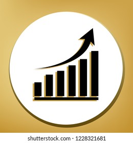 Growing graph sign. Vector. Black icon with light brown shadow in white circle with shaped ring at golden background.