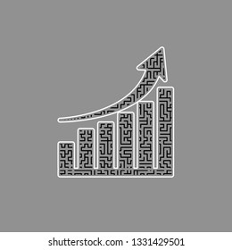 Growing graph sign. Vector. Black maze filled icon with white border at gray background.