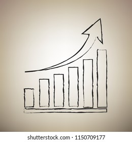 Growing graph sign. Vector. Brush drawed black icon at light brown background.