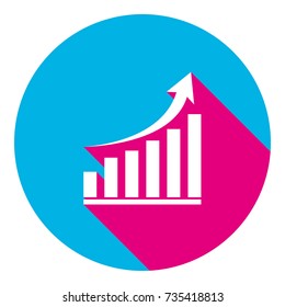 Growing graph sign. Vector. Flat white icon with mexican pink shadow inside sky blue(S and G) circle at white background. Isolated. Trend colors in 2017.