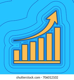 Growing graph sign. Vector. Sand color icon with black contour and equidistant blue contours like field at sky blue background. Like waves on map - island in ocean or sea.