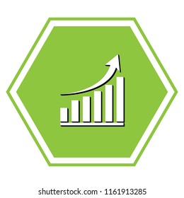 Growing graph sign. Vector. White icon with black shadow at yellow green honeycomb on white background.