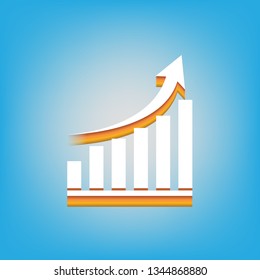 Growing graph sign. Vector. White icon with 3d warm-colored gradient body at sky blue background.