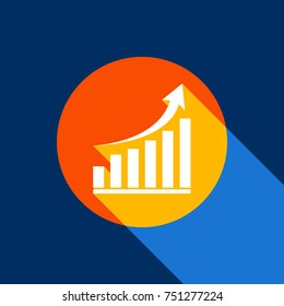 Growing graph sign. Vector. White icon on tangelo circle with infinite shadow of light at cool black background. Selective yellow and bright navy blue are produced.