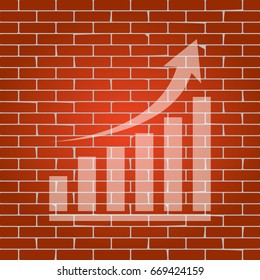 Growing graph sign. Vector. Whitish icon on brick wall as background.
