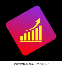 Growing graph sign. Vector. Yellow icon at violet-red gradient square with rounded corners rotated for dynamics on black background.