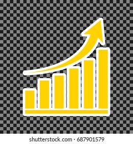 Growing graph sign. Vector. Yellow icon with white contour on dark transparent background.