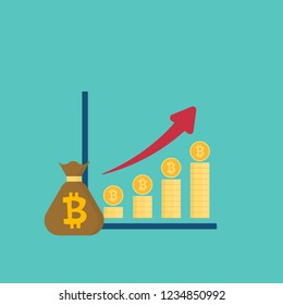 Growing graph with stack of bitcoin and money bag. Success business symbol vector 