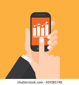 growing graph , stock on mobile. hand holds smart phone. business design concept.