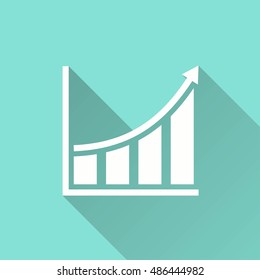 Growing graph vector icon with long shadow. White illustration isolated on green background for graphic and web design.