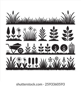 Growing Grass and Cultivated Lawn  silhouette on white background