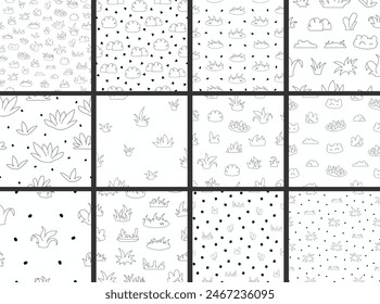 Growing grass and plant. Seamless pattern. Coloring Page. Cultivated lawn and meadow. Vector drawing. Collection of design ornaments.