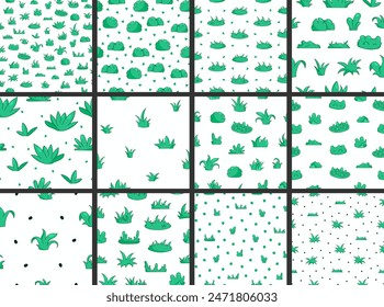 Cultivo de hierba y plantas. Patrón sin costuras. Césped cultivado y pradera. Dibujo de Vector. Colección de adornos de diseño.
