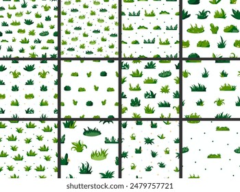 Cultivo de hierba y plantas. Patrón sin costuras. Césped cultivado y pradera. Dibujo de Vector. Colección de adornos de diseño.
