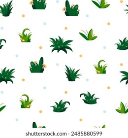 Growing grass and plant. Seamless pattern. Cultivated lawn and meadow. Vector drawing. Design ornaments.