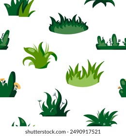 Growing grass and plant. Seamless pattern. Cultivated lawn and meadow. Vector drawing. Design ornaments.