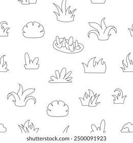 Growing grass and plant. Seamless pattern. Coloring Page. Cultivated lawn and meadow. Vector drawing. Design ornaments.