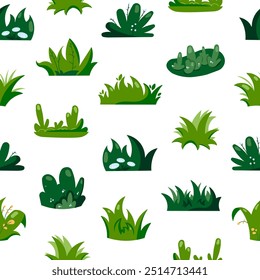 Growing grass and plant. Seamless pattern. Cultivated lawn and meadow. Vector drawing. Design ornaments.