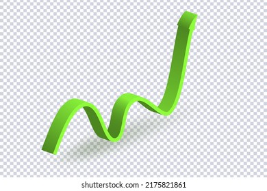 Growing Green Arrow up. Concept of sales symbol icon with realistic 3d arrow moving up. Growth chart sign. Flexible arrow indication statistic. Trade infographic. Profit arrow Vector illustration