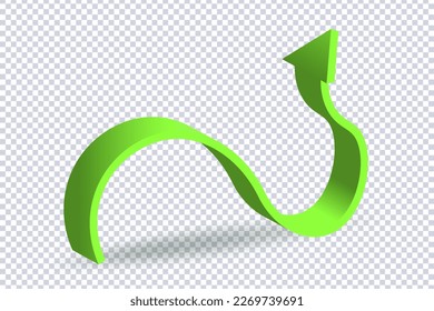 Growing Green Arrow up. Concept of sales symbol icon with realistic 3d arrow moving up. Growth chart sign. Flexible arrow indication statistic. Trade infographic. Profit arow Vector illustration