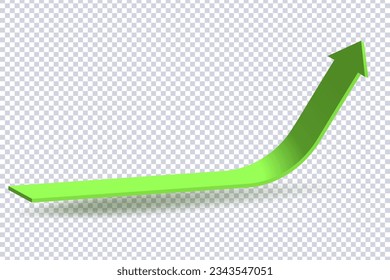 Growing Green Arrow up. Concept of sales symbol icon with realistic 3d arrow moving up. Growth chart sign. Flexible arrow indication statistic. Trade infographic. Profit arow Vector illustration