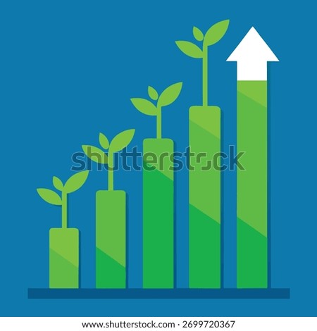 Growing green bar chart with upward arrow and leaves