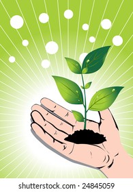 growing green plant in a hand, vector illustration