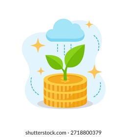 Growing green plant from stack of coins symbolizes investment success flat design vector empty state ui element.