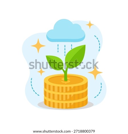 Growing green plant from stack of coins symbolizes investment success flat design vector empty state ui element.