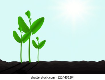 Growing green sprout from soil with sunlight, environmental concept vector illustration