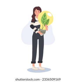 Growing Green Technology concept.Green energy. woman holding Light Bulb with green leaf inside.