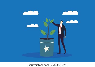 Growing a greener future. A businessman tending to a sapling, representing the importance of environmental sustainability and corporate social responsibility.