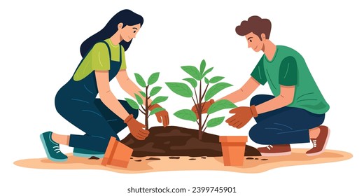 Crecer un futuro más verde. Joven pareja de diseño plano plantando un árbol. Ilustración vectorial