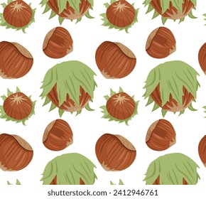Growing hazelnuts in leaves and grown hazelnuts in shell. Seamless pattern in vector. Nuts in vector graphics. Suitable for backgrounds and prints.