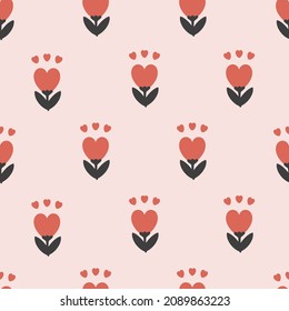 Growing heart tulip floral valentines day seamless pattern simple red and pink for textile wallpaper wrapping paper vector backdrop gift wrap