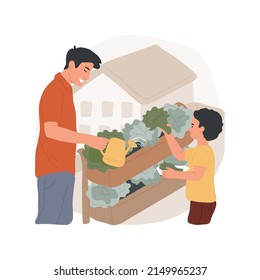 Growing herbs and leafy greens isolated cartoon vector illustration. Parent and kid spraying leafy greens with water, growing lettuce at balcony, family hobby, home gardening vector cartoon.
