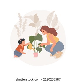 Growing home plants abstract concept vector illustration. Child watering pot with plant, planting home flowers with mother, indoor garden, parental child care, homeschooling abstract metaphor.