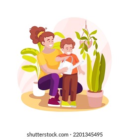 Growing Home Plants Isolated Cartoon Vector Illustration. Child Watering Pot With Plant, Planting Home Flowers With Mother, Indoor Garden, Parental Child Care, Homeschooling Vector Cartoon.