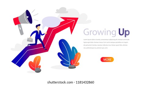 Growing up horizontal banner for your website. Online training for business improvement. Time management and communication, project planning and team building. Isolated flat vector illustration