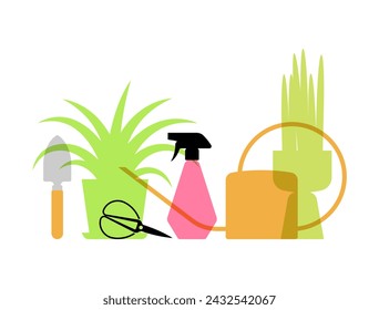Growing house plants. Plants in pots, tools and supplies for gardening. Horticulture concept. Minimalist vector illustration, isolated on white. 
