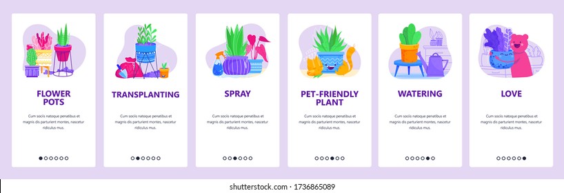 Growing houseplants website and mobile app onboarding screens. Menu banner vector template for web site and application development. Pot plant home gardening, care for houseplants, pet-friendly plants