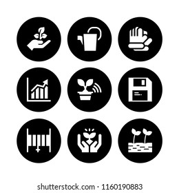 growing icon. 9 growing set with farming and gardening, sprout, ascendant bars graphic and save vector icons for web and mobile app