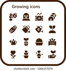 growing icon set. 16 filled growing icons.  Collection Of - Plant, Profit, Greenhouse, Seed, Watering can, Growing plant, Flowerpot, Growth, Sprout