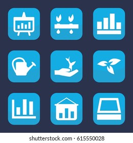 Growing icon. set of 9 filled growing icons such as plant, watering can, square plant pot, chart, plant on hand, graph