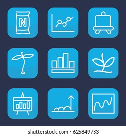 Growing icon. set of 9 outline growing icons such as plant, board, bag with ground, chart