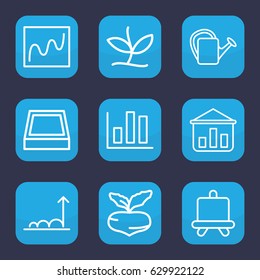 Growing icon. set of 9 outline growing icons such as beet, board, watering can, square plant pot, plant, graph, chart