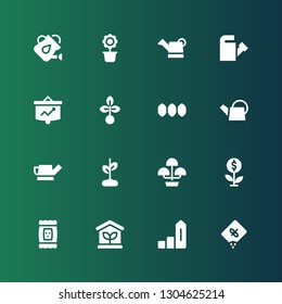 growing icon set. Collection of 16 filled growing icons included Seed, Increase, Greenhouse, Growth, Flower pot, Watering can, Seeds