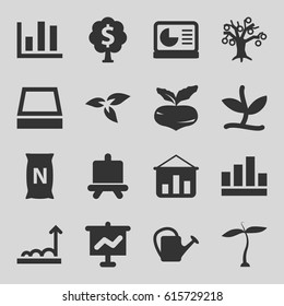 Growing icons set. set of 16 growing filled icons such as plant, beet, board, watering can, bag with ground, square plant pot, chart on display, money tree, graph, chart